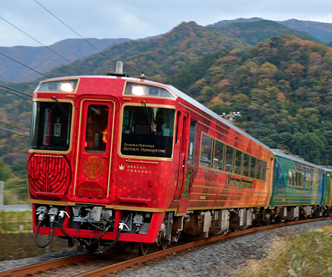 Train cars with a Japanese flai